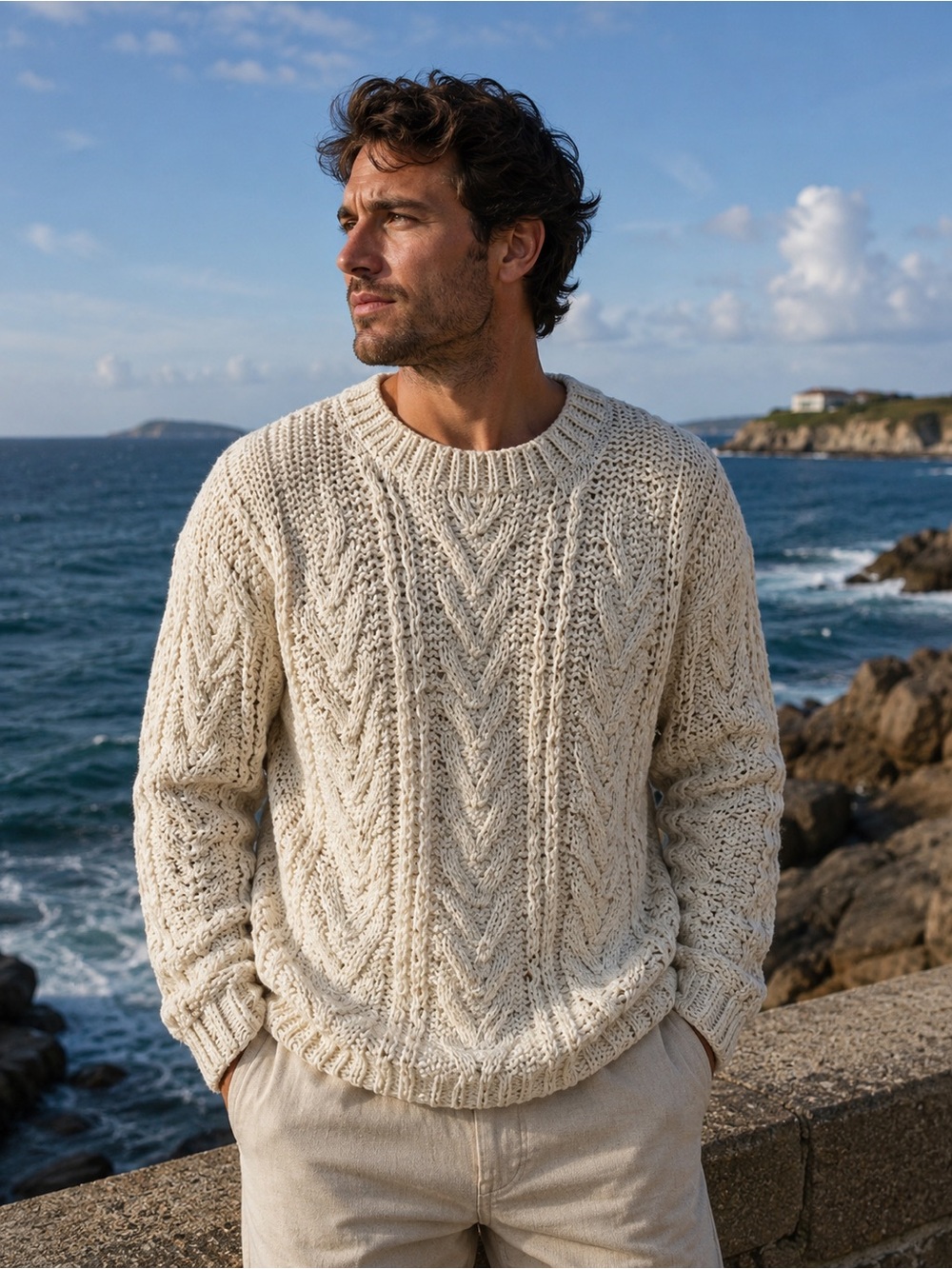 New Unworn Handknit Fisherman Chunky Cable Cream Knit wool Sweater unisex XL